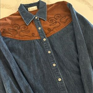 V I N T A G E : Cotton Denim Western Long Sleeve Shirt with Brown Embroidery